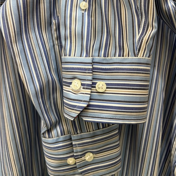 Egara Men’s Slim Fit Blue Tan White Striped Dress Shirt Floral Cuff/Neckline XL - Picture 3 of 10